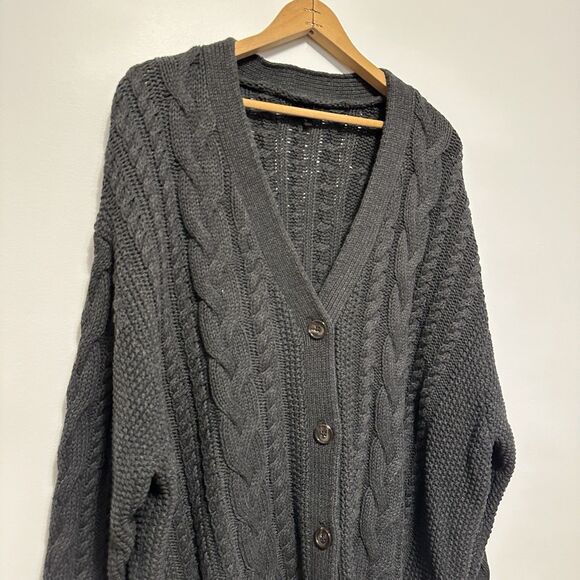 Quince Women 100% Organic Cotton Oversized Cable Knit Cardigan Charcoal Gray L - Picture 2 of 10